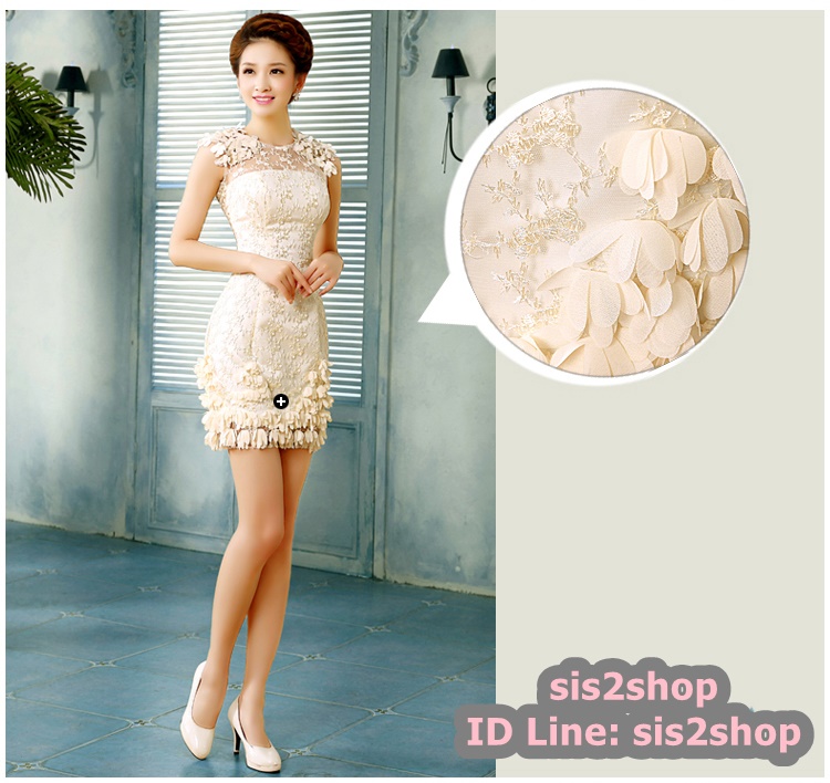 พร้อมส่ง ชุดราตรีสั้น สีครีม Champagne สวยหวาน แต่งลูกไม้หรู กระดุมหลัง