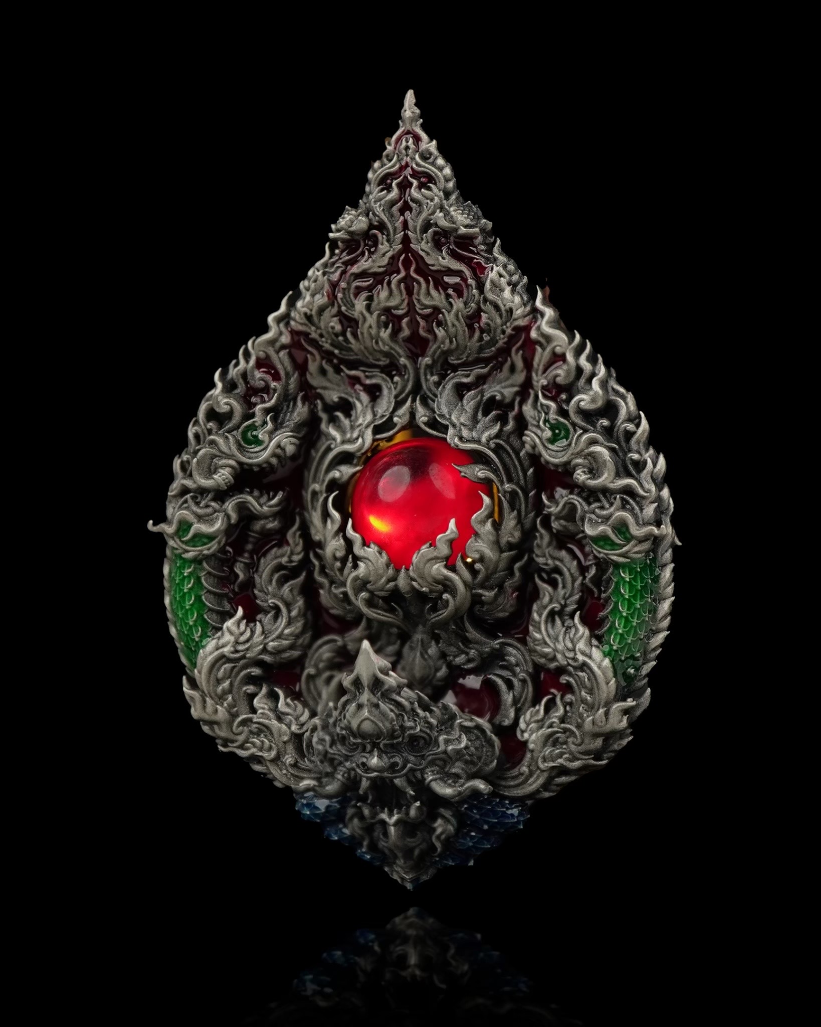 เหรียญมณีนาคราชแก้วบุญฤทธิ์ รหัส1 เนื้อเงินแท้รมซาติน ลงยาแดงเขียว