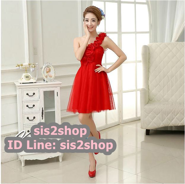 พร้อมส่ง ชุดเดรสสั้น เกาะอก ไหล่เดียว จับสม๊อกด้านหลัง ผ้าตาข่ายแต่งดอกไม้ปักมุก สีแดง
