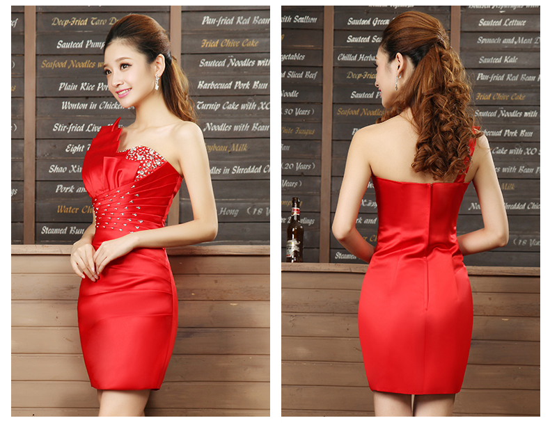 Pre-order ชุดราตรีสั้น เกาะอก ไหล่เดียว ผ้าซาตินเข้ารูป ปักเลื่อมสวยหรู มีซิป