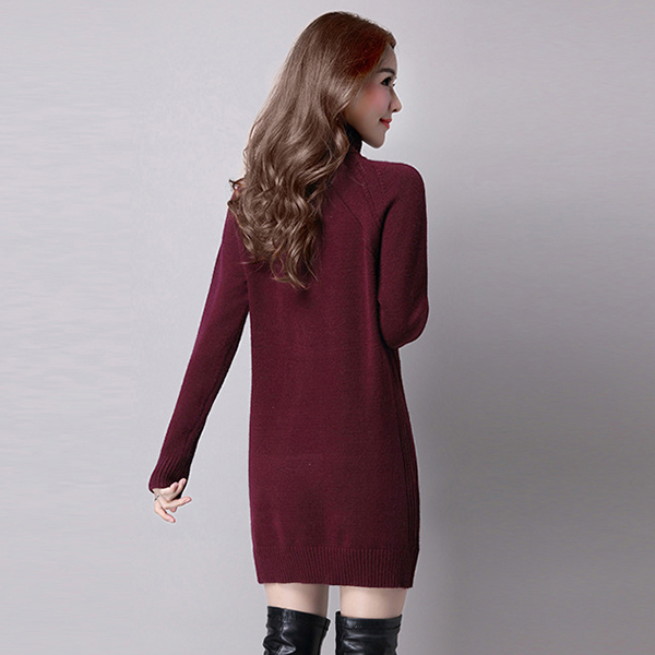 เดรสคอเต่ากันหนาว เดรสคอพับ ผ้าไหมพรมวูลหนานุ่ม (12170B)