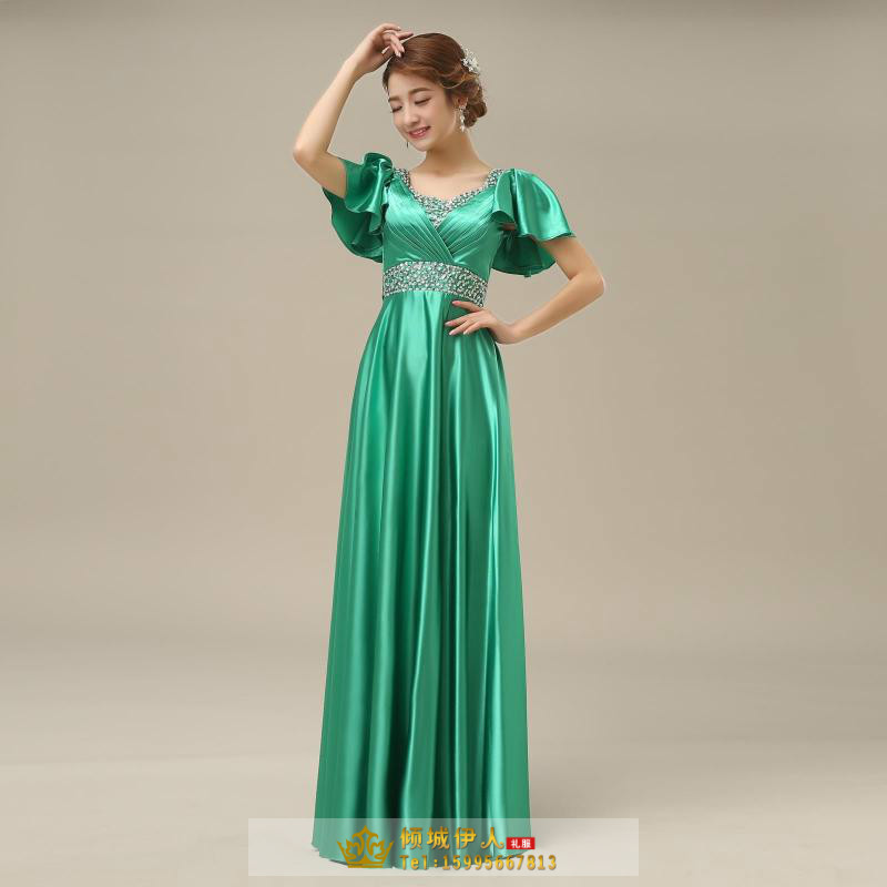 Pre-order ชุดราตรียาว แบบแขนสั้น ผ้าซาตินสวยสง่า อกจับจีบปักเลื่อมช่วงอก-เอว สีทอง (เชือกผูกหลัง)