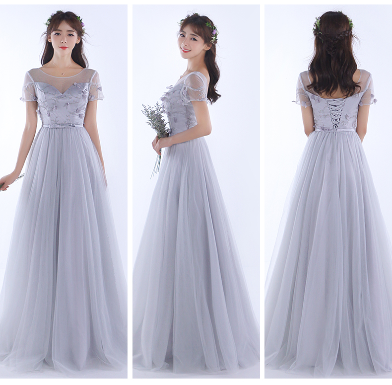 Pre-order ชุดเพื่อนเจ้าสาว สีเทา กระโปรงตาข่าย เชือกผูกหลัง