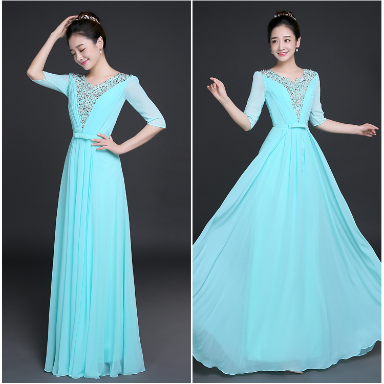 Pro-order ชุดราตรียาว แขน3ส่วน ผ้าชีฟอง ปักเลื่อม ซิปหลัง ไซส์ใหญ่ XS-4XL สำเนา