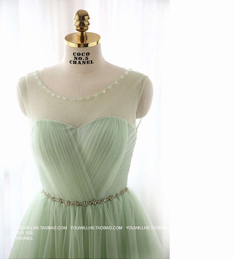 Pre-order ชุดราตรีสั้น แขนกุด คอกลม ผ้าตาข่าย ปัดลูกปัดรอบคอ แต่งเพชรที่เอว จับจีบช่วงอก สีฟ้า สีเขียวอ่อน