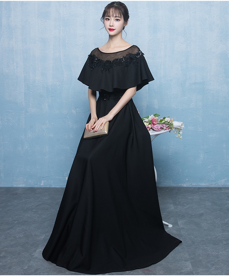 ชุดราตรียาวแขนยาวสีดำแต่งดอกไม้ผ้าชีฟอง (ซิปหลัง)
