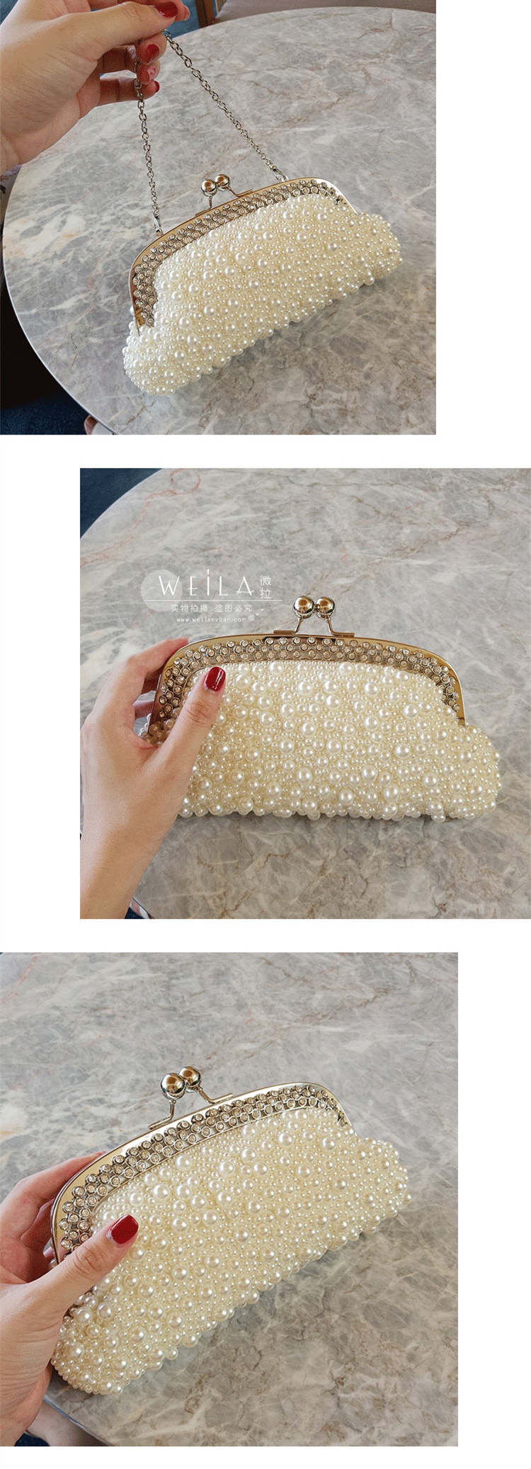 Evening Clutch กระเป๋าออกงาน แต่งมุกทั้งใบ คาดเพชรสวยหรู มาพร้อมกับสายโซ่สะพาย