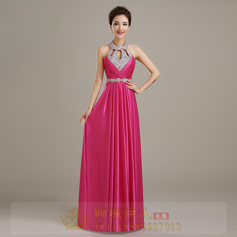 Pre-order ชุดราตรียาว คล้องคอ ผ้าซาติน ตีเกล็ดช่วงอก กระโปรงจับจีบ ปักเลื่อม แต่งเพชร เรียบหรู เซ็กซี่ เชือกผูกหลัง