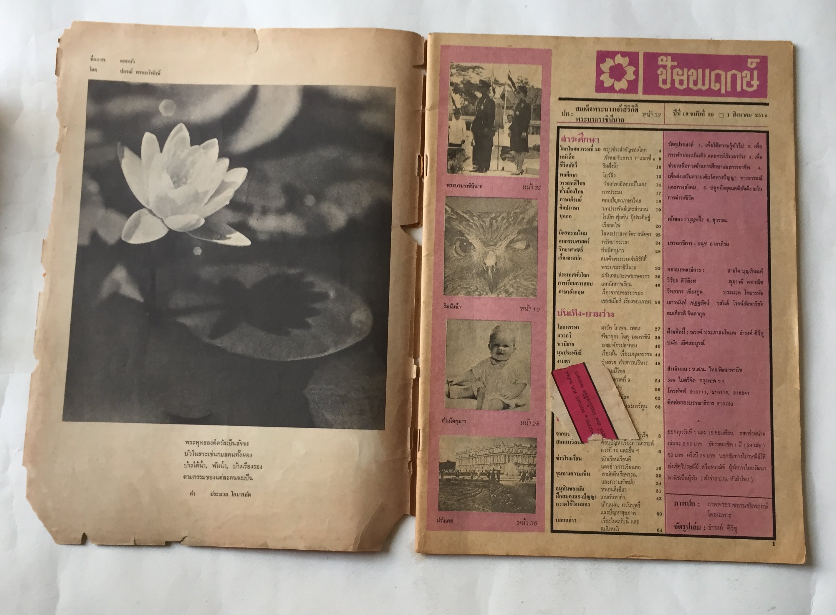 นิตยสารเก่ามีตำหนิตามภาพ, ชัยพฤกษ์ ปีที่ 18 ฉบับที่ 29 วันที่ 1 สิงหาคม 2514 ราคาปก 2 บาท 50 ปกรูปพระราชินี สิริกิติ์