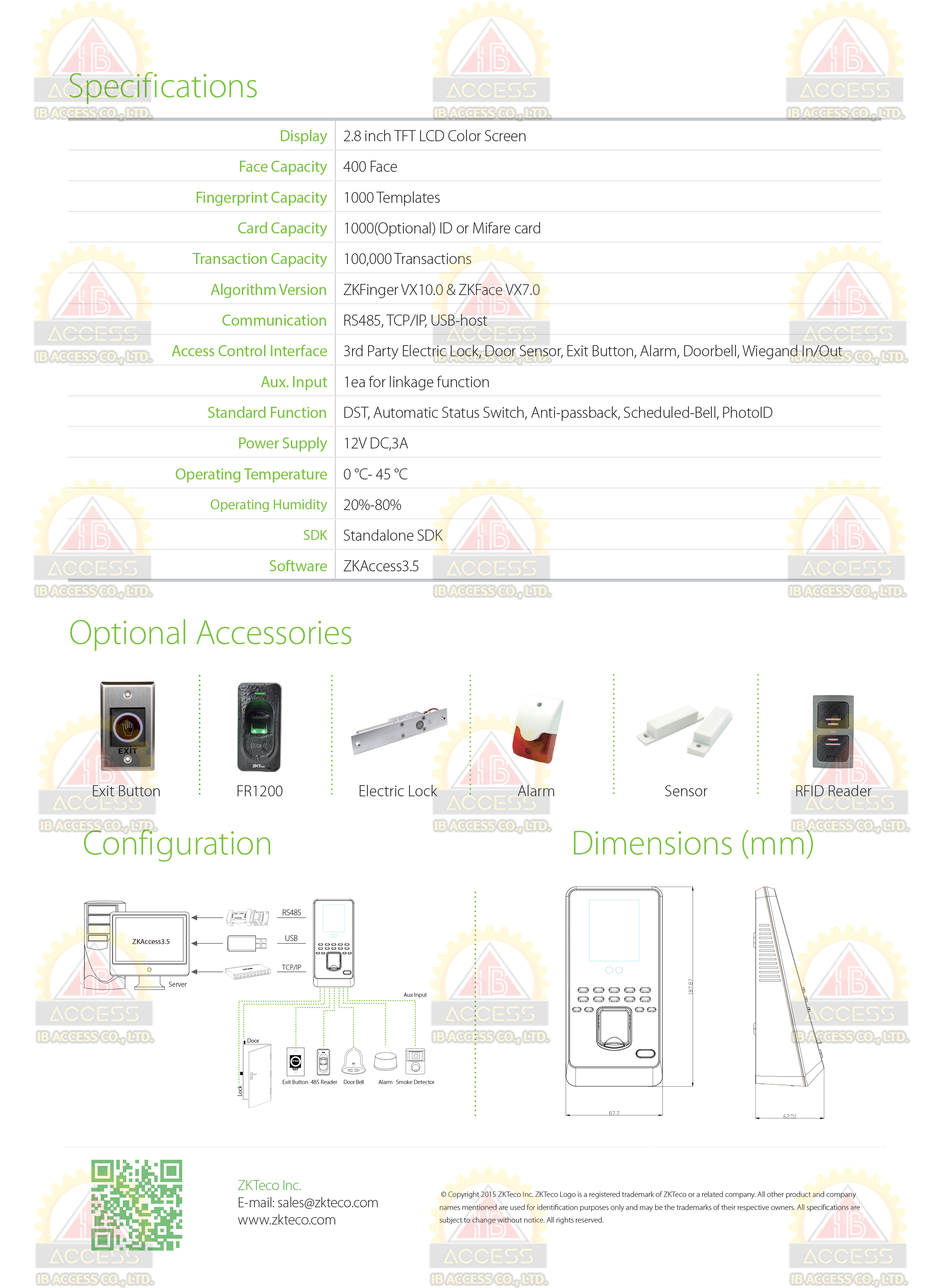 เครื่องสแกนใบหน้า ยี่ห้อ ZKTeco รุ่น Multibio800/ID รองรับระบบ Access Control