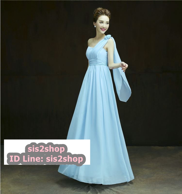 พร้อมส่ง ชุดเดรสยาว เกาะอก ไหล่เดียว จับสม๊อกด้านหลัง สีฟ้า