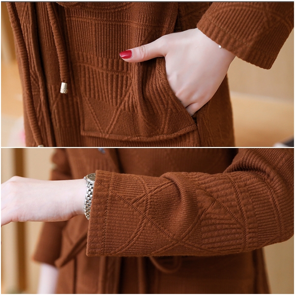 คาร์ดิแกน เสื้อคลุมกันหนาวตัวยาว มีฮู้ด แต่งกระเป๋าคู่ (12051B)