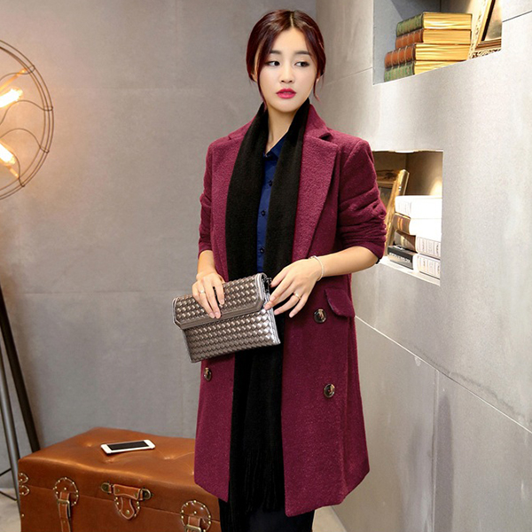 เสื้อโค้ทกันหนาวตัวยาว ผ้าวูลขนแกะหนา แต่งกระเป๋าคู่ (12163X)