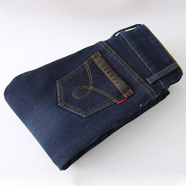 กางเกงยีนส์กันหนาว ทรงสลิม ซับกำมะหยี่ กระเป๋าแต่งหนัง (11660X)