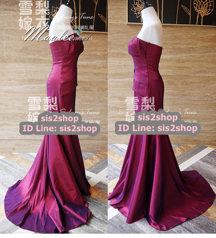 พร้อมส่ง ชุดราตรียาว เกาะอก ทรงหางปลา ผ้าแพรยืดตามตัว แหวกหน้าขา สีไวน์แดง (เหลือเฉพาะไซส์ S)