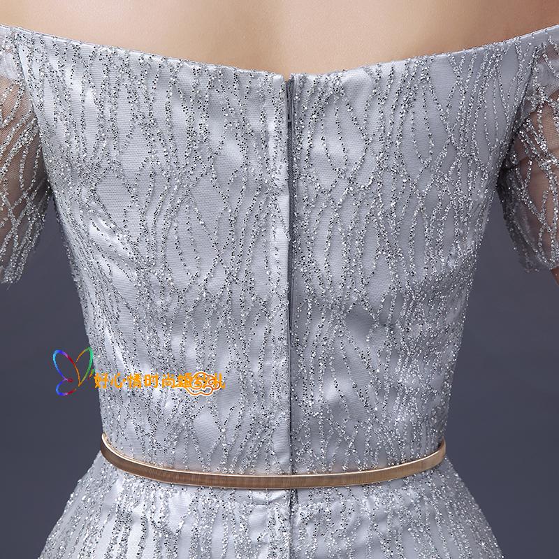 Pre-order ชุดราตรียาว ไหล่ปาด แขนสั้น แต่งเกล็ด ระยิบระยับ เข็มขัดรูปใบไม้สีทอง มีซิป เรียบหรู