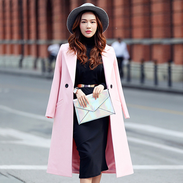 เสื้อโค้ทกันหนาวตัวยาว ผ้าวูลหนา แต่งกระเป๋าคู่ (12201X)