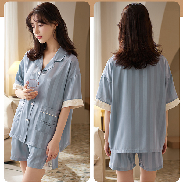 🚩พร้อมส่ง🚩ชุดนอน Silk Satin แขนสั้นขาสั้น ชุดนอนซาตินเกรดพรีเมี่ยม ผ้านุ่มลื่นละมุนผิว แต่งปักลูกไม้ (CT116-5)