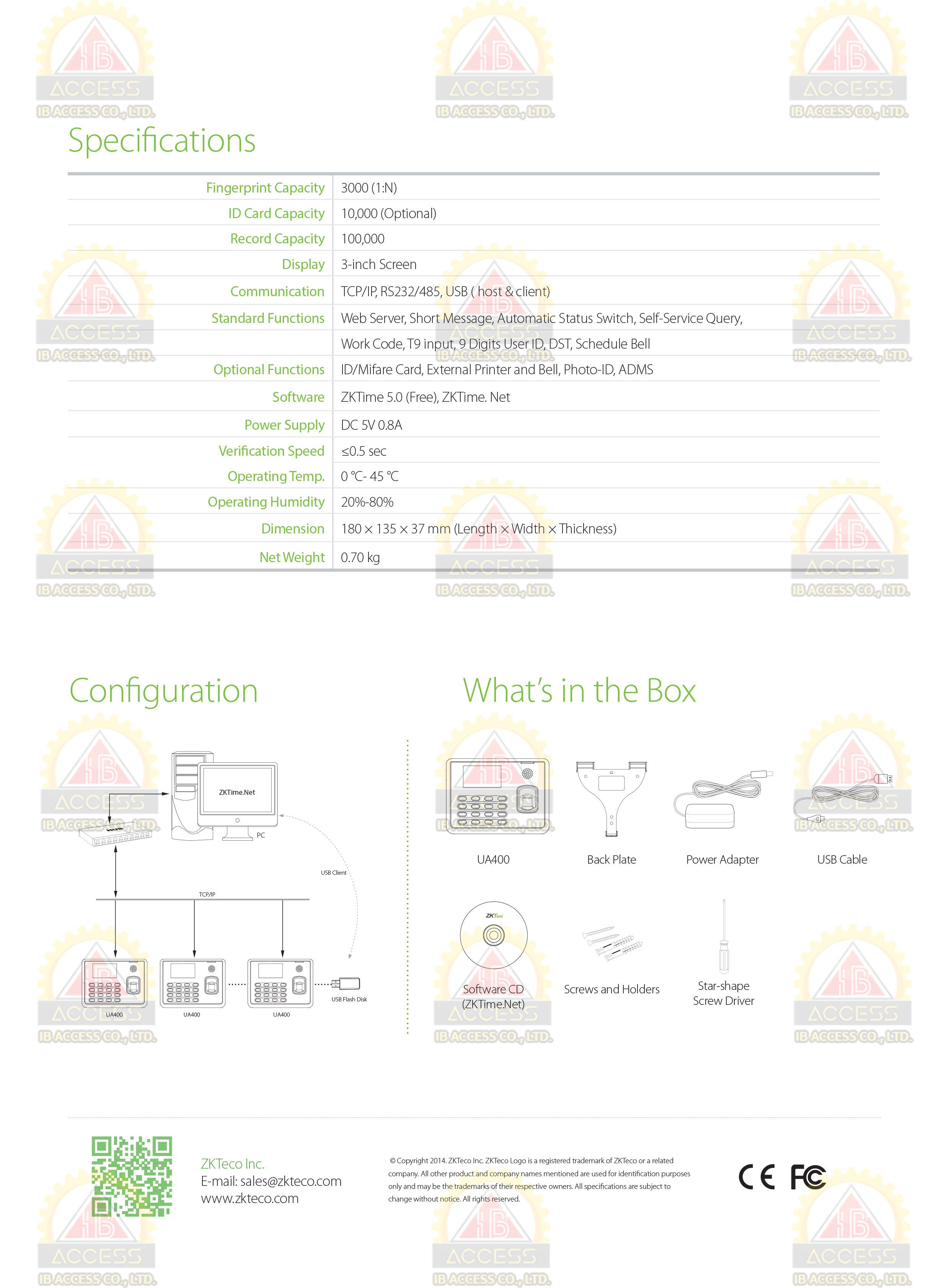 เครื่องสแกนลายนิ้วมือ ยี่ห้อ ZKTeco รุ่น UA400