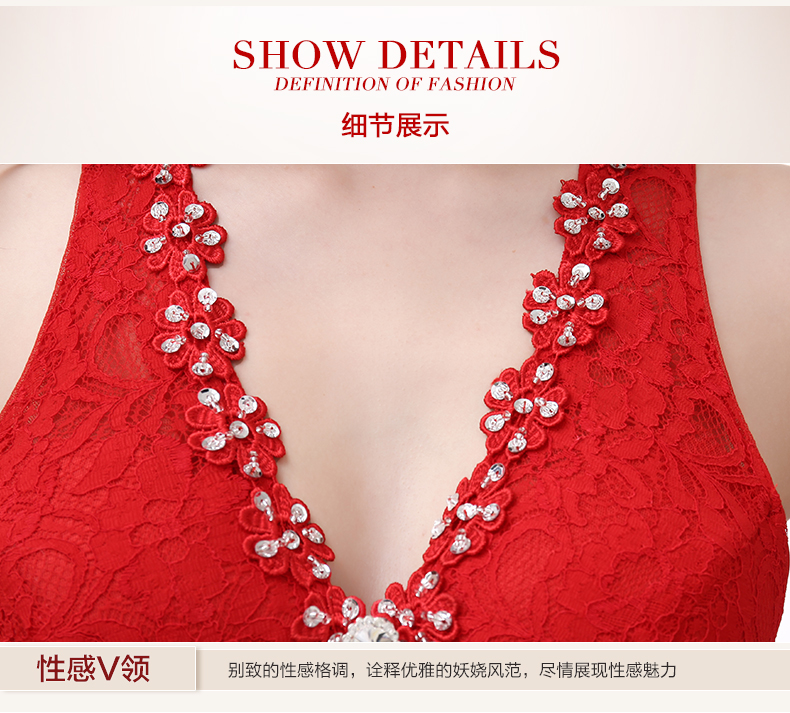 Pre-order ชุดราตรียาว สีแดง แขนกุด คอวี ลึก แต่งเพรชช่วงอก ผ้าลูกไม้ทั้งชุด เว้าหลัง เซ็กซี่ ทรงหางปลา ซิปหลัง