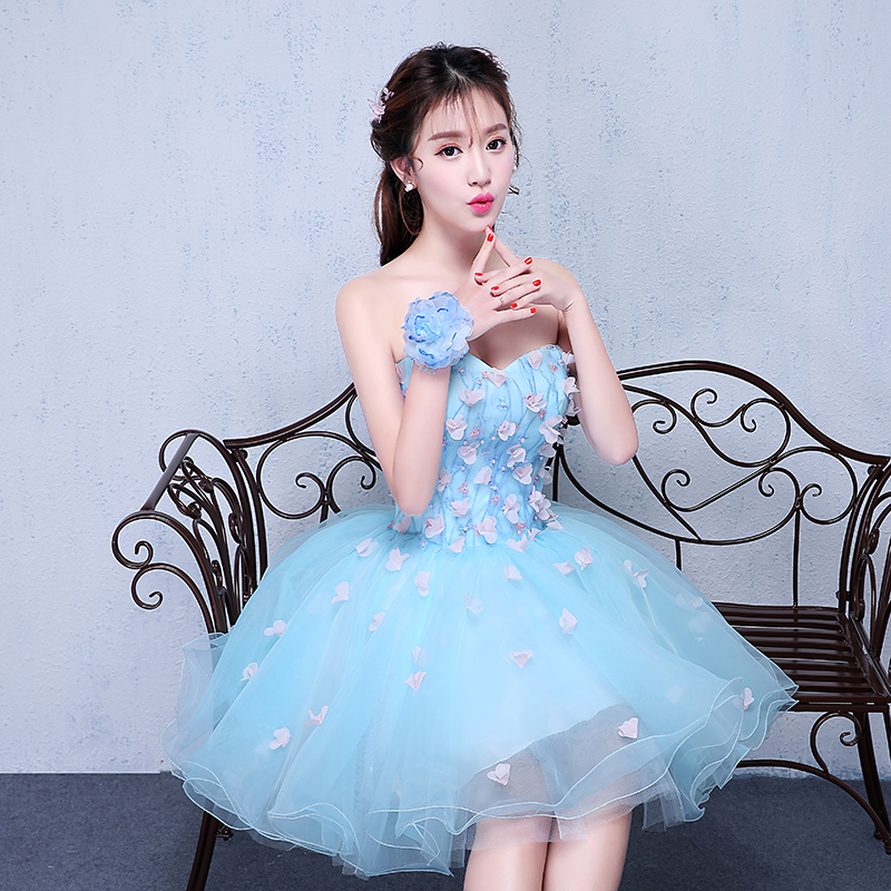 Pre-orderชุดแฟนซีชุดราตรีสั้นเกาะอกกระโปรงผ้าแก้วแต่งดอกไม้สไตล์เจ้าหญิง