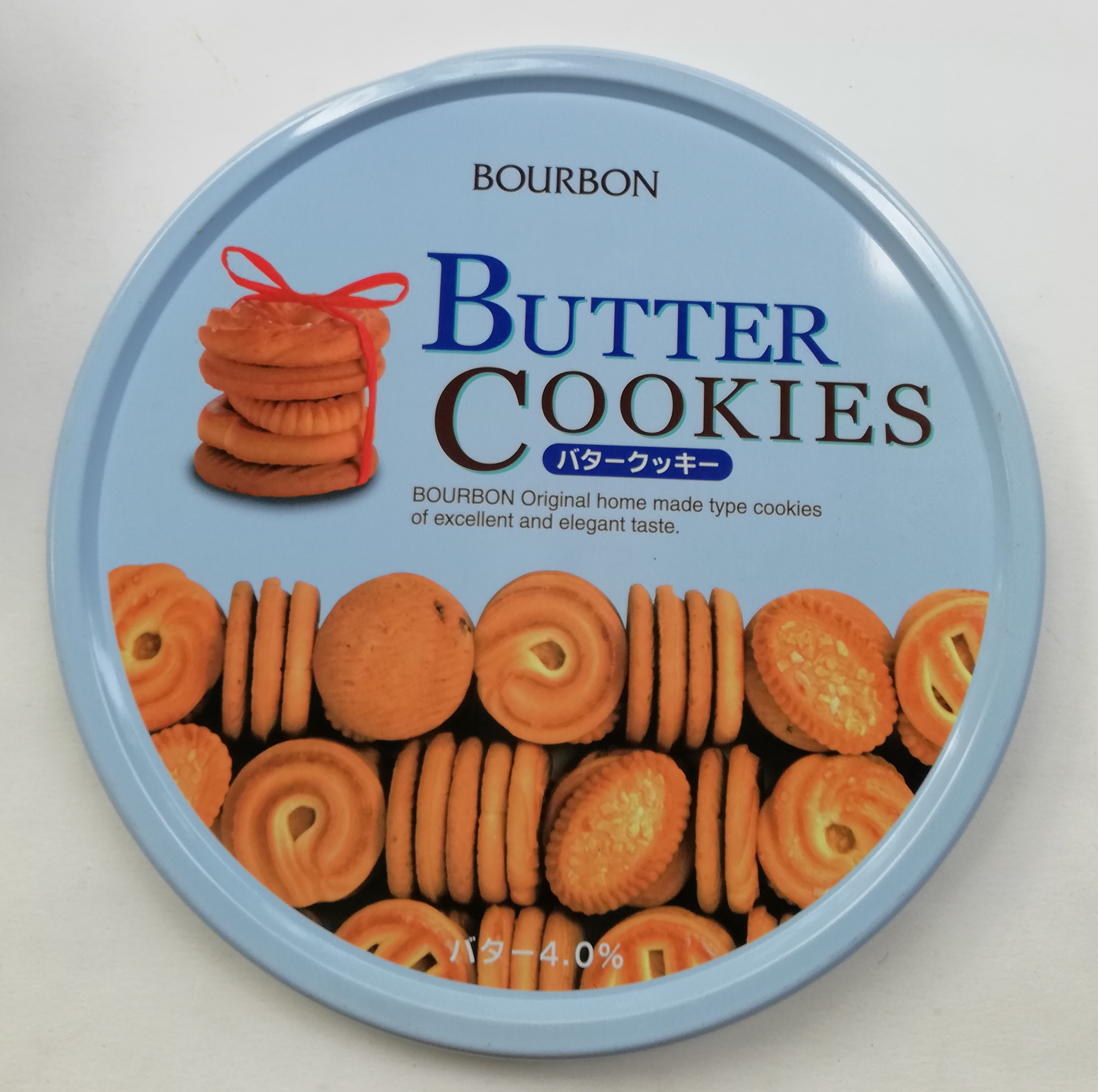 ของสะสม กล่องสังกะสี (กล่องโลหะ) **ฝาปิดไม่สนิท กล่องคุ้กกี้จากญี่ปุ่น กล่องสีฟ้า ยี่ห้อ BOURBON BUTTER COOKIES , ORIGINAL HOMEMADE TYPE COOKIES OF EXCELLENT AND ELEGANT TASTE