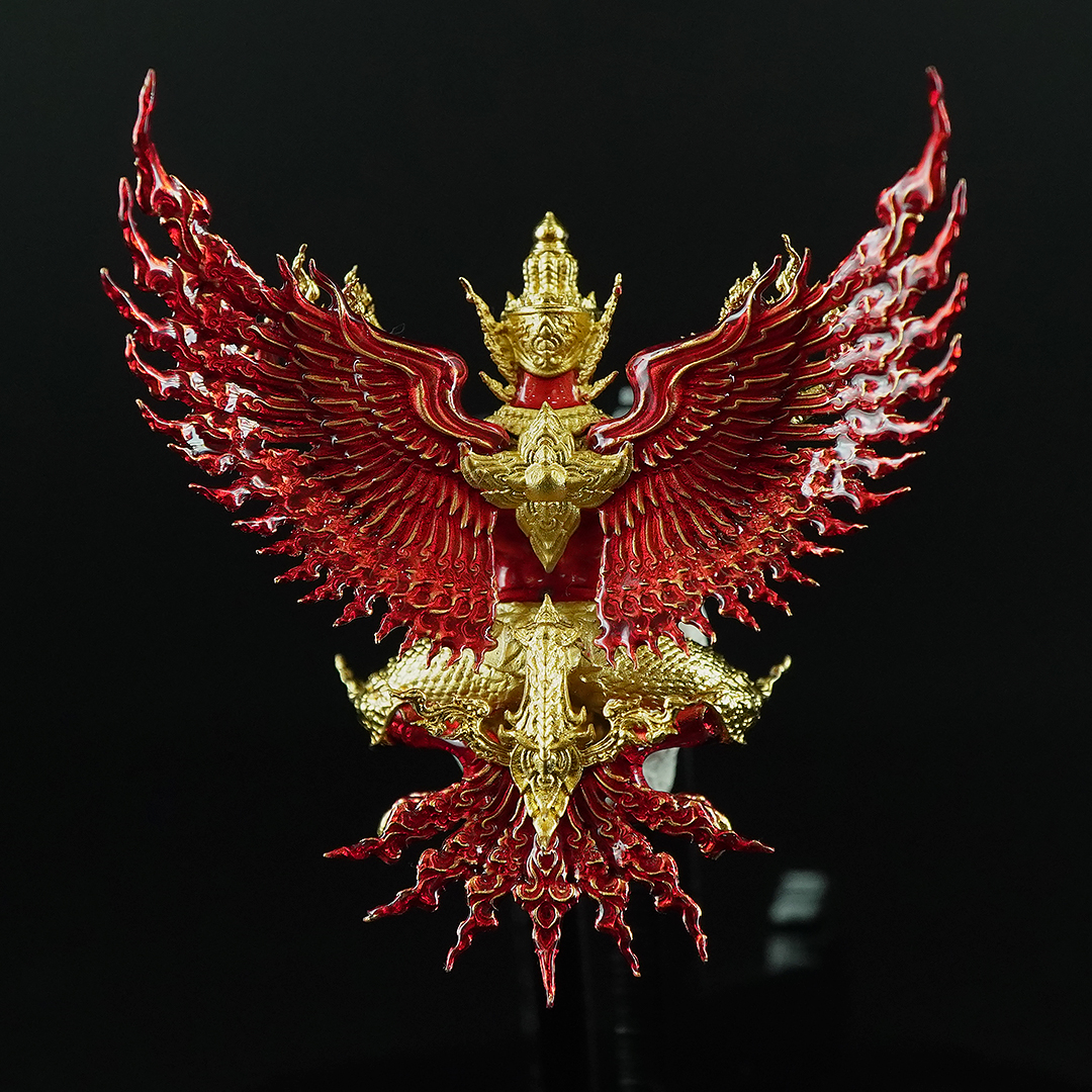 พญาครุฑพิษฐาน รหัส 14 เนื้อชนวนชุบทองลงยากายแดง ปีกลงยาแดง