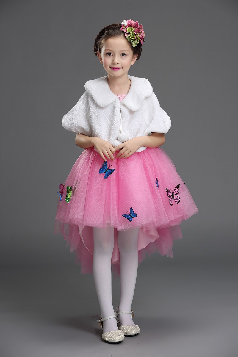 Pre-order ชุดราตรีเด็ก หน้าสั้นหลังยาว แขนกุด ผ้าลูกไม้ กระโปรงตาข่าย แต่งผีเสื้อสามมิติ สวยหวานน่ารักมาๆ