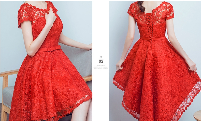 Pre-order ชุดราตรีสั้น สีแดง แต่งลูกไม้ทั้งชุด เพิ่มโบว์ช่วงเอว กระโปรงหน้าสั้นหลังยาว เชือกผูกหลัง