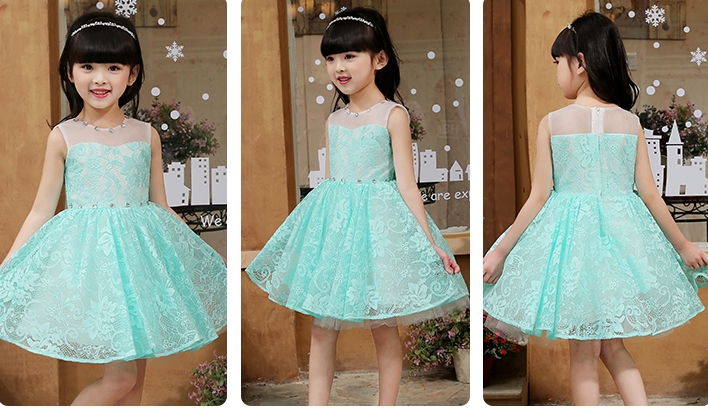 Pre-order ชุดราตรีเด็ก ชุดออกงาน ชุดกระโปรง สไตล์เจ้าหญิง แขนกุด ผ้าลูกไม้ แต่งเพชร กระโปรงฟูฟ่อง สวยงาม