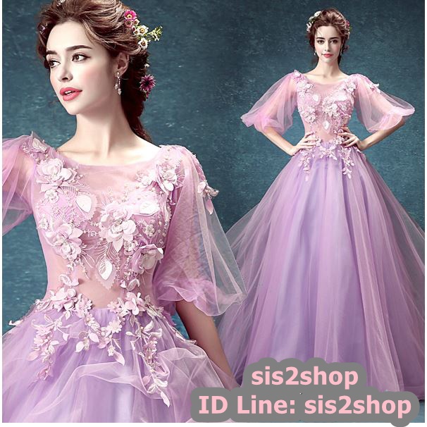 พร้อมเช่า ชุดแฟนซียาว แบบแขนยาว จั๊มปลายแขนน่ารักมาก เนื้อผ้าเป็นตาข่ายแบบซีทรู แต่งดอกและลูกปัด สีม่วง (ซิปหลัง)