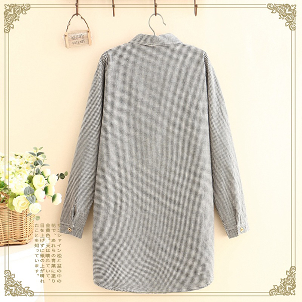 เดรสเชิ้ตลายสก็อต แขนยาว ปักลายวินเทจ (12142LM)