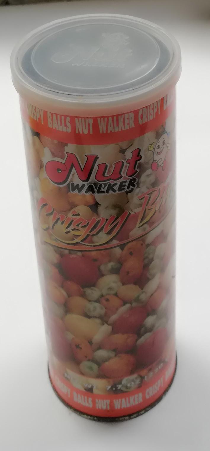 ของสะสม กล่องสังกะสี (กล่องโลหะ) กระป๋องถั่วรวม NUT WALKER,CRISPY BALLS กระป๋องทรงกระบอกสีส้ม ลายถั่ว เส้นผ่าศุนย์กลางประมาณ 3" ความสูงประมาณ 8" พร้อมฝา