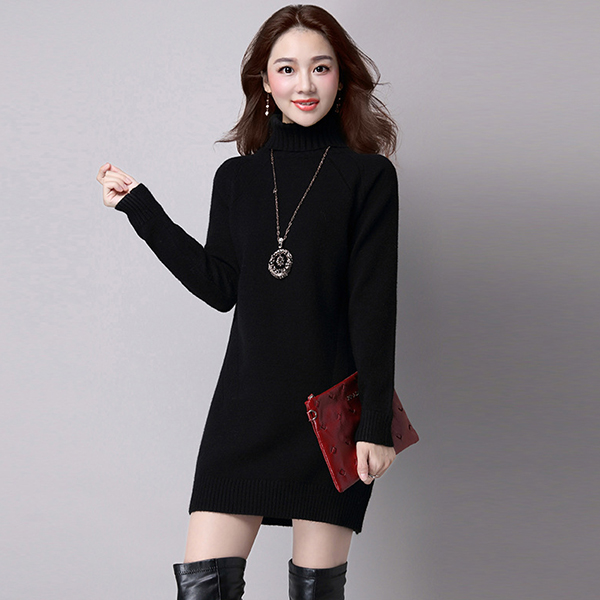 เดรสคอเต่ากันหนาว เดรสคอพับ ผ้าไหมพรมวูลหนานุ่ม (12170B)