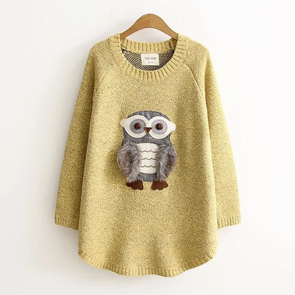 เสื้อไหมพรมกึ่งวูลผ้าหนานุ่ม แต่งลายนกฮูกแบบนูนน่ารัก (11705LM)