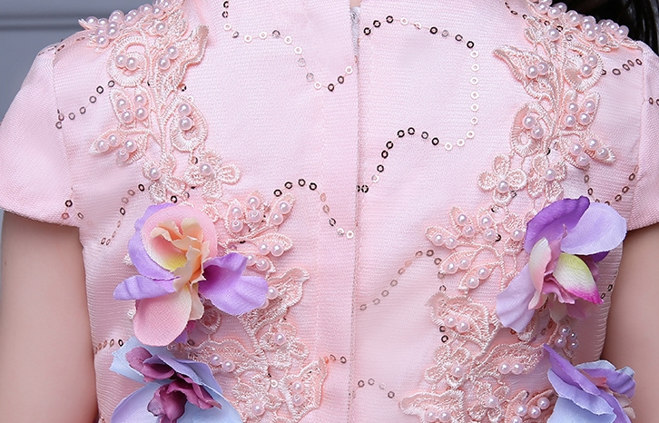 Pre-order ชุดแฟนซี แขนสั้น คอกลม ปักเลื่อม แต่งดอกไม้ กระโปรงตาข่าย ซิปหลัง