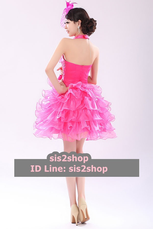 พร้อมเช่า ชุดแฟนซี ชุดราตรีสั้น สีชมพู Hot Pink คล้องคอ กระโปรงระบาย ทรงฟูสวย