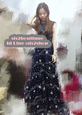 Pre-order ชุดแฟนซี ชุดราตรียาว แขนกุด สีกรมท่า แต่งกากเพชร รูปดาว ด้านหลังเว้า เซ็กซี่ ซิปหลัง