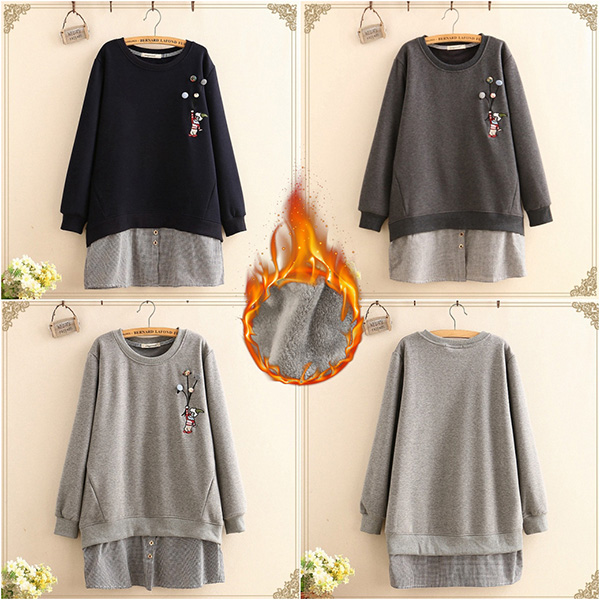 เสื้อสเวตเตอร์กันหนาวปักลายวินเทจ ซับกำมะหยี่เต็มตัว (12255LM)