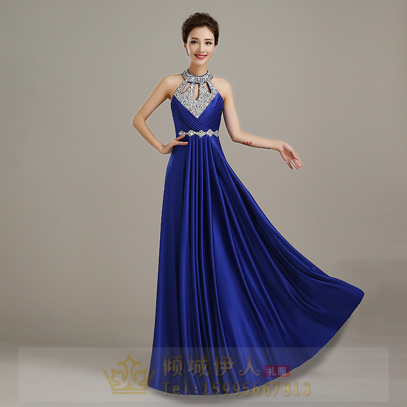 Pre-order ชุดราตรียาว คล้องคอ ผ้าซาติน ตีเกล็ดช่วงอก กระโปรงจับจีบ ปักเลื่อม แต่งเพชร เรียบหรู เซ็กซี่ เชือกผูกหลัง