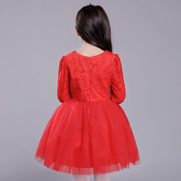 Pre-Order ชุดราตรีเด็ก สไตล์เจ้าหญิง แขนยาว ปักมุกรอบคอ แต่งดอกคาดเอว กระโปรงชีฟอง สีแดง สีขาว มีซิป