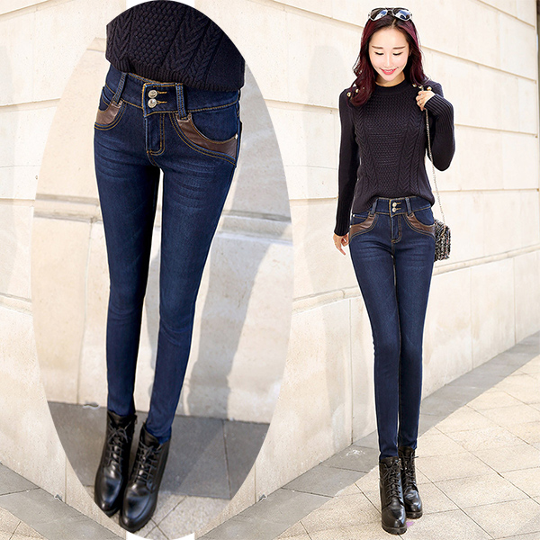 กางเกงยีนส์กันหนาว ทรงสลิม ซับกำมะหยี่ กระเป๋าแต่งหนัง (11660X)