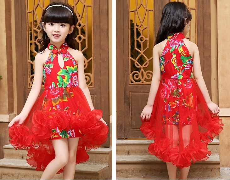 Pre-order ชุดราตรีเด็ก ชุดออกงาน ชุดกระโปรง แบบคล้องคอ คอจีน กระโปรงตาข่าย หน้าสั้นหลังยาว