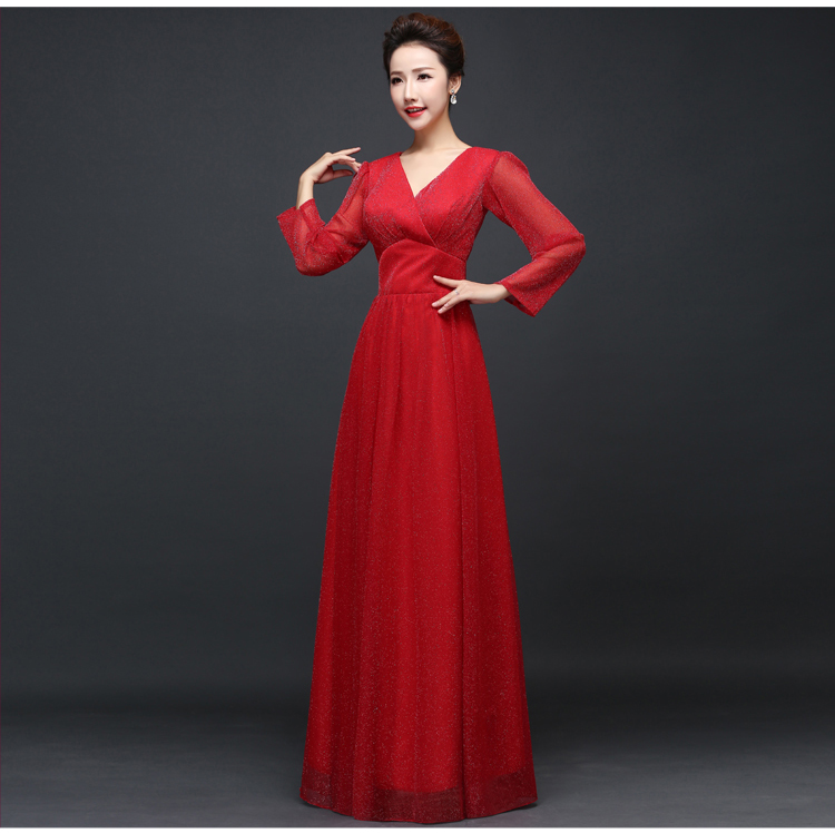 Pro-order ชุดราตรียาว แขนยาว คอวีลึก ผ้าไหมชีฟอง แบบเก๋ ซิปหลัง ไซส์ใหญ่ XS-4XL