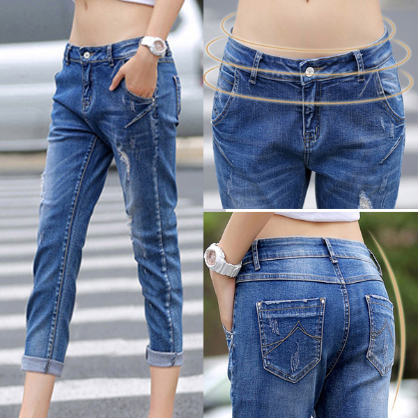กางเกงยีนส์ทรงสกินนี่ ขายาวแปดส่วน แต่งขาแนวเซอร์ (11459X)