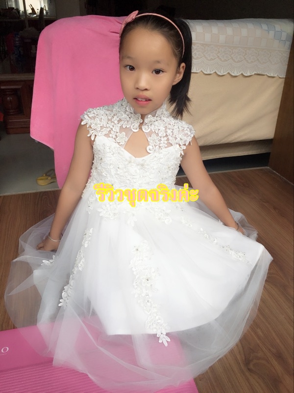 Pre-order ชุดราตรีเด็ก ชุดออกงาน ชุดกระโปรง สไตล์เจ้าหญิง แขนสั้น คอจีน เว้าตรงอก แต่งผ้าลูกไม้ กระโปรงตาข่าย มีซิปหลัง