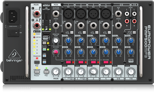 BEHRINGER PMP500MP3 เครื่องผสมสัญญาณเสียง มีแอมป์ในตัว 8 ชาแนล 4 ไมค์ 500 วัตต์