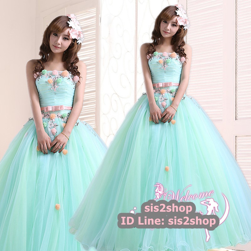 พร้อมเช่า ชุดแฟนซี ชุดราตรียาว แบบเกาะอก สีฟ้า อกจับจีบแต่งดอก โบว์คาดเอวสีโอโรส (เชือกผูกหลัง)