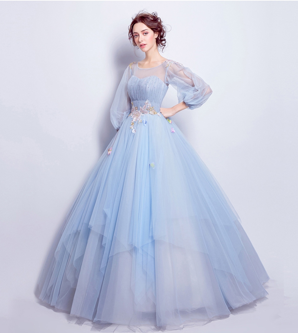 Pre-order ชุดแฟนซี ชุดเจ้าสาว ชุดราตรียาว สีฟ้า แขนโคมไฟ กระโปรงพองสวย เชือกผูกหลัง
