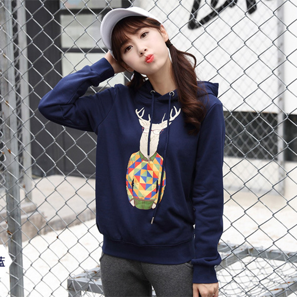 เสื้อสเวตเตอร์ฮู้ดพิมพ์ลายกวาง ซับกำมะหยี่กันหนาว (11981H)